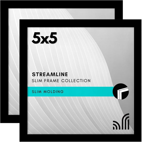5x5 Picture Frame with Shatter-Resistant Glass - Set of 2 - Streamline Collection - Thin Border Square Frame for Tabletop and Wall - Hanging Hardware and Easel Stand Included - Black