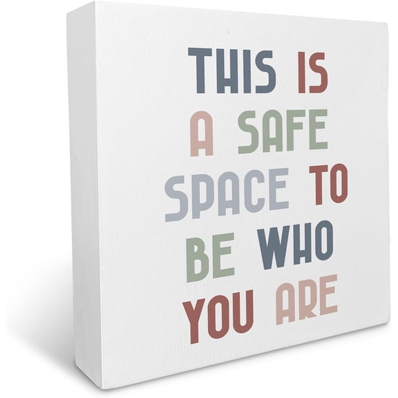 5x5 IN Safe Space Sign,This is a Safe Space to Be Who You are Wooden Box Sign, Inspirational Boho Office Classroom Therapy Reading Corner Wall Shelf Table Wooden Block Plaque Desk Decor
