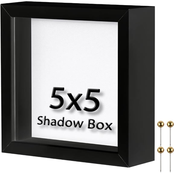 5x5 Small Shadow Box Frame | Soft Linen Back & Push Pins Included, Polystyrene Glass Memory Display Case for Flowers, Tickets & Cherished 3D Items, Black