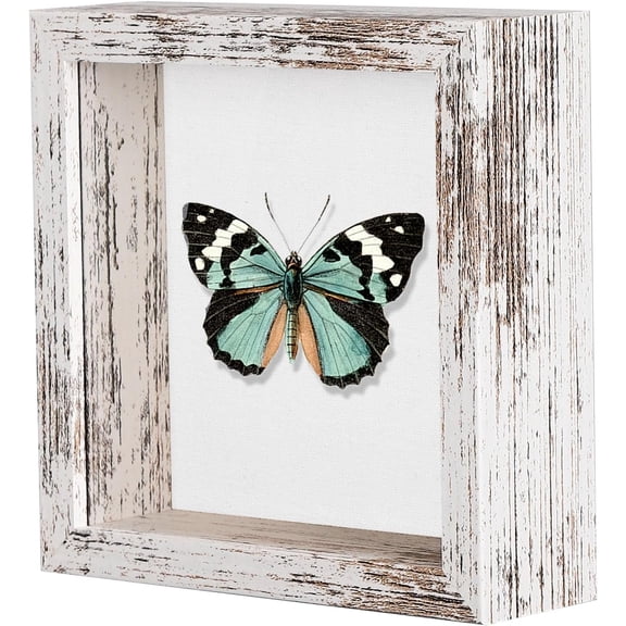 5x5 Small Shadow Box Picture Frame with Soft Linen Back - Push Pins Included, Memory Shadow Box Display Case for Bouquet Awards Medals Wedding Photos and More, Rustic White