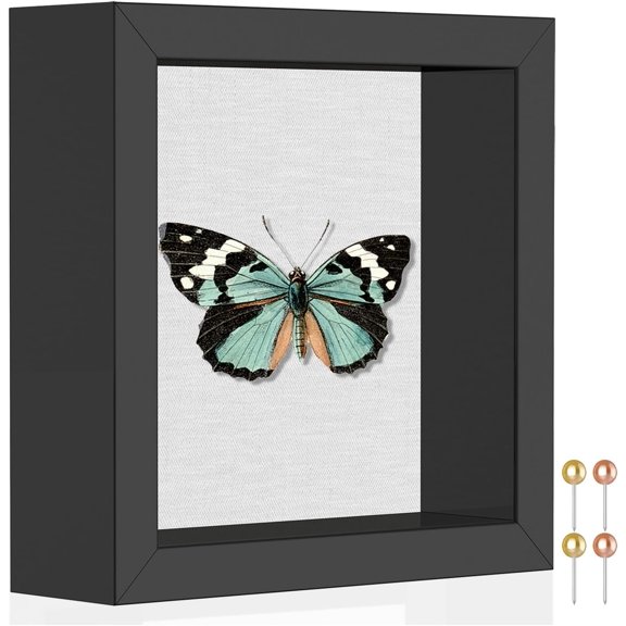 5x5 Small Shadow Box Picture Frame with Soft Linen Back - Push Pins Included, Memory Shadow Box Display Case, Black
