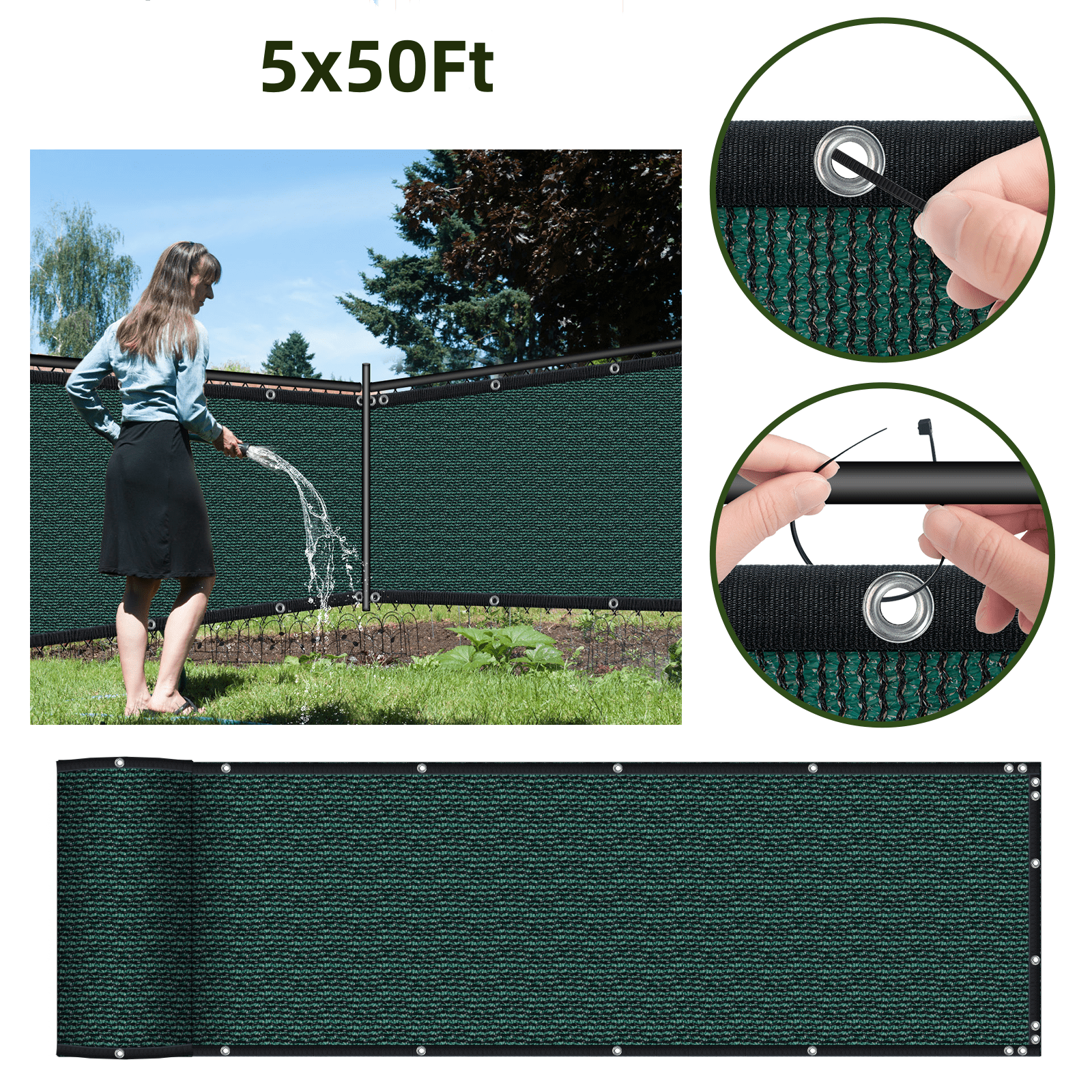 AsterOutdoor 5' x 50' Fence Privacy Screen, 90% Shade, 170 GSM Polyethylene Fabric, Green, with 80 Zip Ties, Balcony Shade Cloth