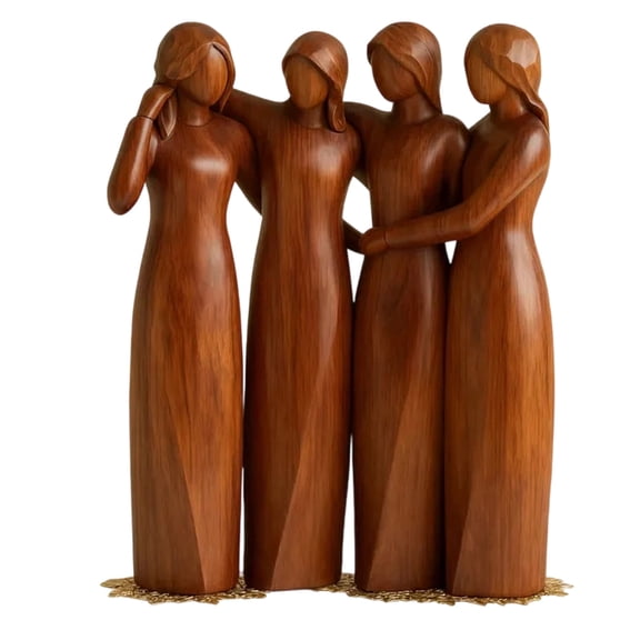 5x5In Four Sisters Heart Figurine Wood Carved Style Sculpture Family Sisterhood Bond Statuette Tabletop Mantel Home Garden Decor