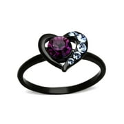 LA NY JEWELRY 5x5mm Amethyst Round Crystal Heart Shape Womens Black IP Stainless Steel Promise Ring - Size 6