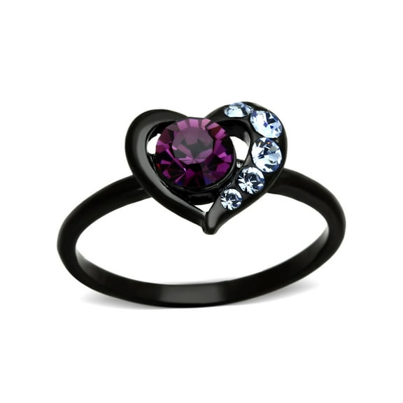 5x5mm Amethyst Round Crystal Heart Shape Womens Black IP Stainless Steel Promise Ring - Size 6
