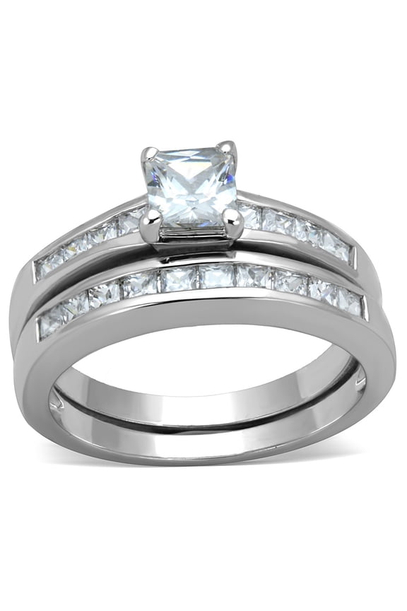 0.8 Carat 5x5mm Princess Cut CZ Women's Stainless Steel Engagement Ring set - Size 9