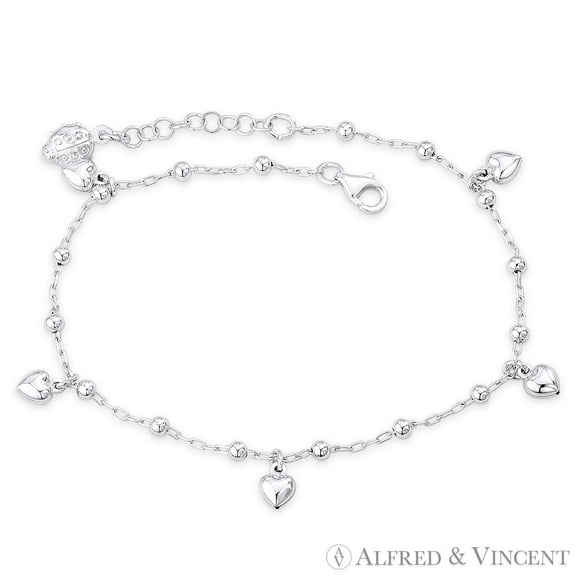 5x5mm Puffed Heart, 3mm Bead, & 1.3mm Anchor Link Chain Italian Charm Anklet in .925 Sterling Silver
