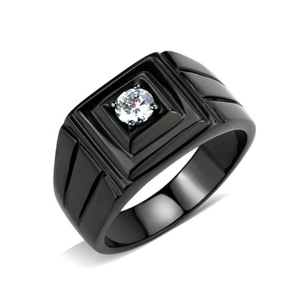 5x5mm Round Cut CZ Solitaire Black IP Stainless Steel Mens Ring - Size 8