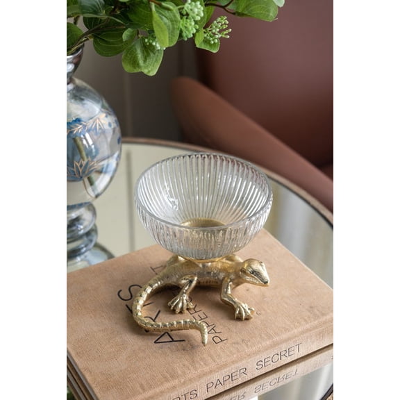 5x5x4.5" Gold Lizard Pedestal Bowl with Ribbed Glass Dish Aluminium & Glass Decor for Home