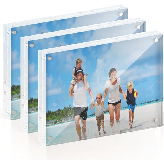 5x7 Acrylic Picture Frame 3 Pack, 20mm Thick Magnetic Double Sided Display 20% Thicker- Frameless Clear Transparent Photo Frame for Desktop/Tabletop, Self Standing with Microfiber Cloth