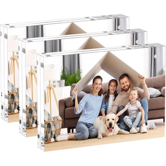 5x7 Acrylic Picture Frames 3 Pack, 20% Thicker Block, Clear Picture Frames Freestanding Double Sided Magnetic Acrylic Lucite Frameless Transparent Square Frame Gift for Desktop Display