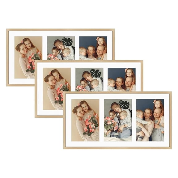 , 5x7 Aluminum Collage Frame, Display 5x7 Pictures With 3 Openings Mat or One 8.5x16.3 Photo, Real Glass, Portrait/Landscape Wall Display, , 3 Pack