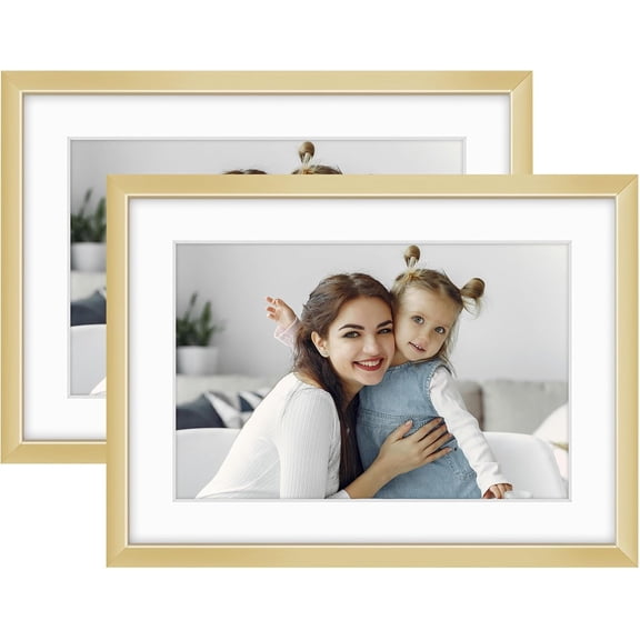 - 5x7 Aluminum Picture Frame - with Mat for 4x6 Photo or Without Mat for 5 x 7 Photo - Real Glass Cover - Simple and Elegant Decor for Wall Mounting - 2 Pack - Gold