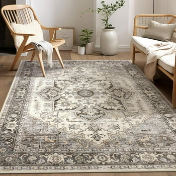 5x7 Area Rug Big Carpet for Living Room Bedroom Home Decor Washable Oriental Vintage Floral Distressed Rugs Large Indoor Carpets with Non Slip Back for Nursery Dining Office Floor -Grey Brown