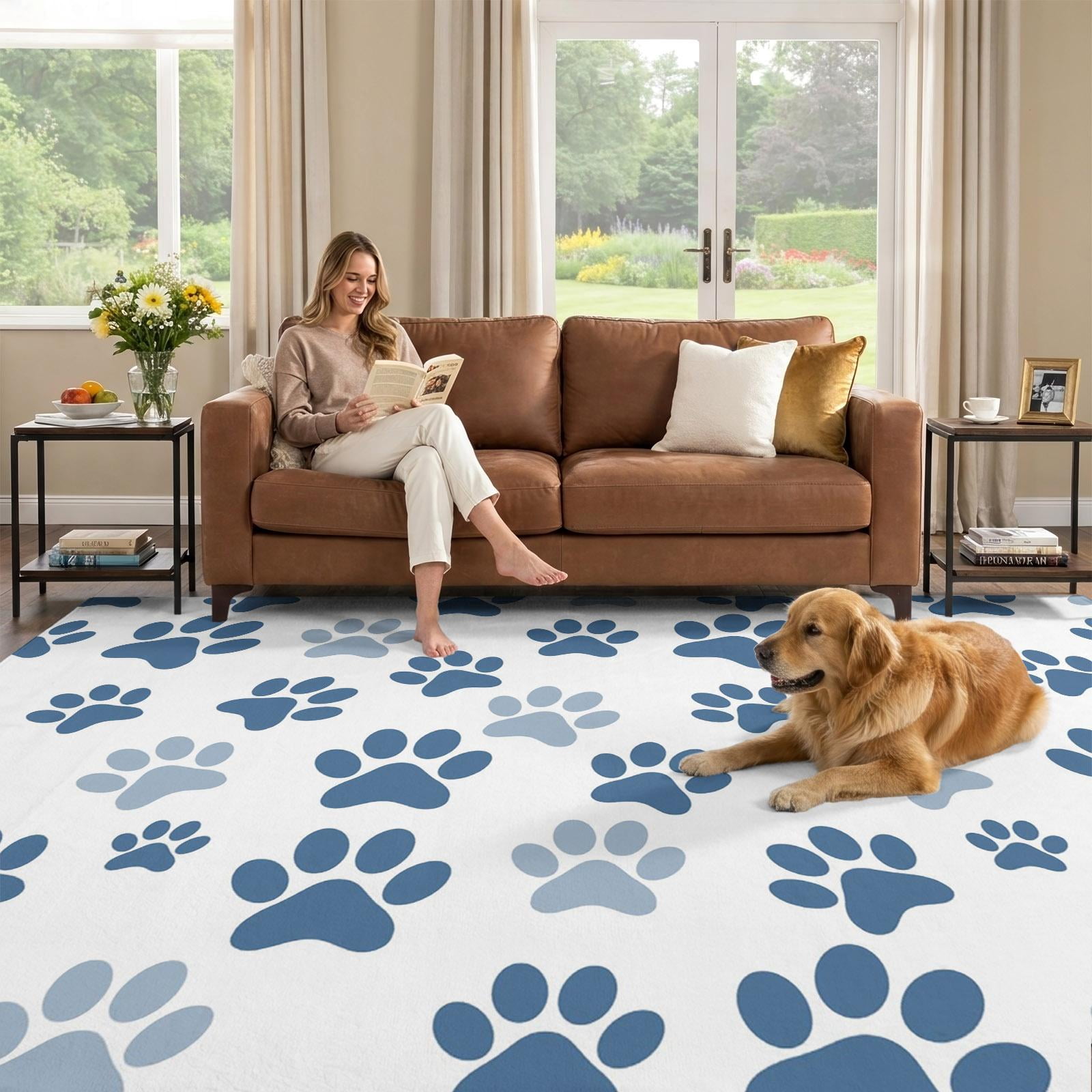5x7 Area Rug, Blue Dog Paw Prints Low Pile Washable Rugs for Bedroom ...