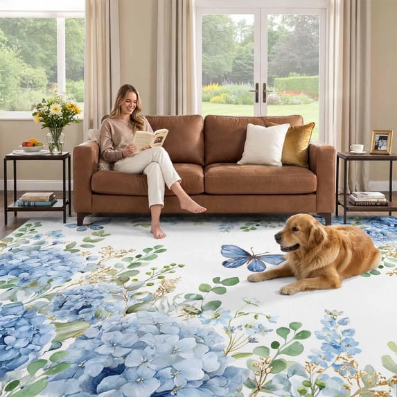 5x7 Area Rug, Blue Floral Low Pile Washable Rugs for Bedroom, Living ...