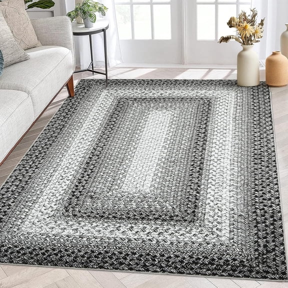 5x7 Area Rug Braided Printed Washable Rug Farmhouse Boho Accent Area Rug Indoor Throw Floor Cover Non Slip Bohemian Large Carpet Rustic Rug for Living Room Bedroom, Grey