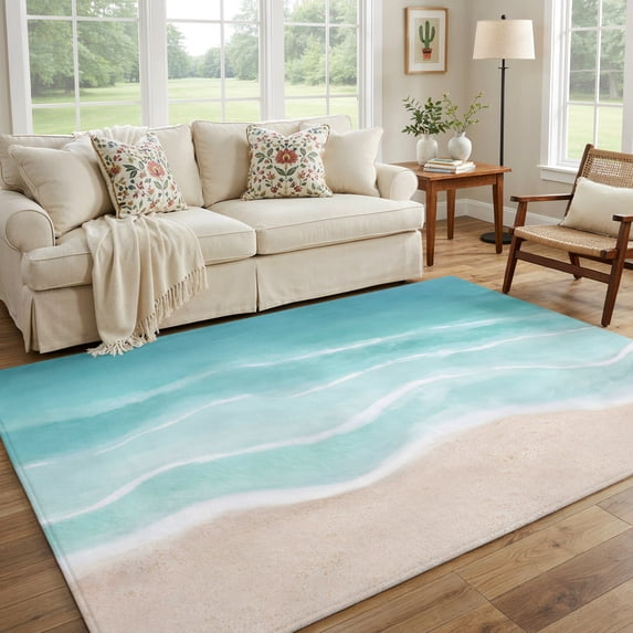 Teal Rug 5x7 Area Rug, Coastal Ocean Sea Wave Non-Slip Carpet Living Room Rug ...