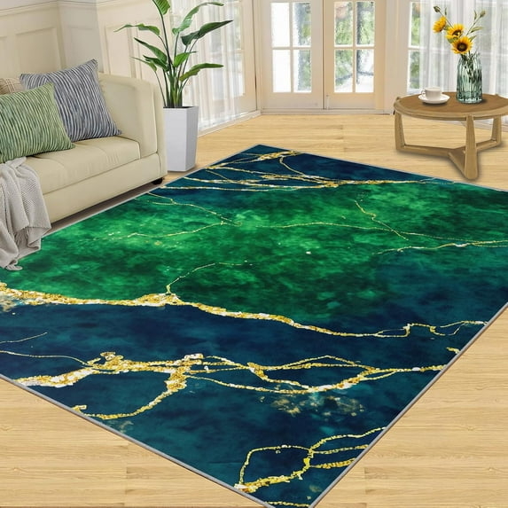 5x7 Area Rug, Emerald Green Carpet, Vintage Marble Abstract Entrance Mat, Easy to Clean Noise Reduction Non-Shedding with Non-Slip Rug for Door Mats Porch Hotels