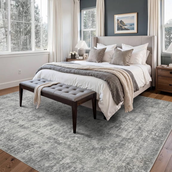 5x7 Area Rug - Grey Washable Rug, Neutral Abstract Boho Rug, Non Slip & Low Pile Faux Wool Carpet for Indoor Dining Room and Farmhouse