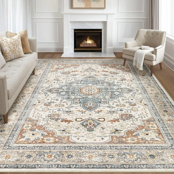 5x7 Area Rug Living Room Rug - Large Soft Machine Washable Boho Vintage Stain Resistant Floral Bedroom Rug Neutral Farmhouse Low Pile Distressed Carpet for Dorm Nursery Dining Room- Beige Blue