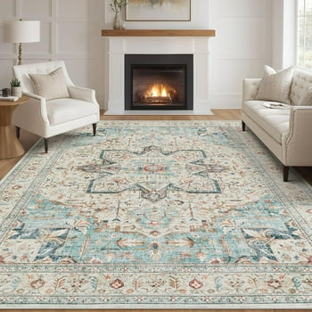 5x7 Area Rug Living Room Rugs - Washable Boho Rug Vintage Oriental Distressed Farmhouse Large Thin Indoor Carpet for Living Room Bedroom Under Dining Table Home Office - Aqua Multi