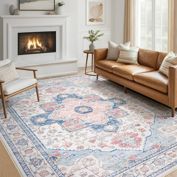 5x7 Area Rug Living Room Rugs - Washable Boho Rug Vintage Oriental Distressed Farmhouse Large Thin Indoor Carpet for Living Room Bedroom Under Dining Table Home Office-PinkBlue