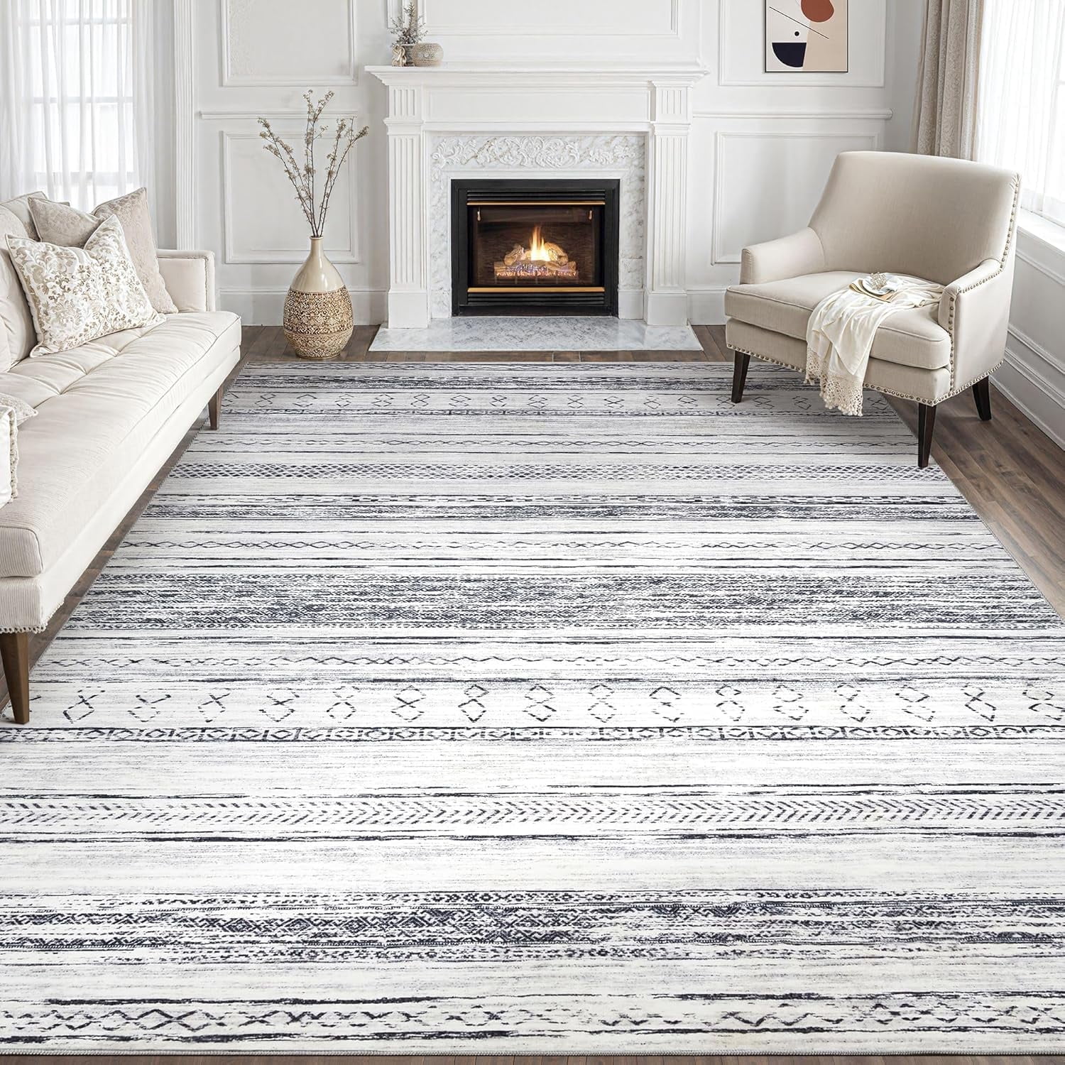 Toyoso 5x7 Area Rug Living Room Rugs - Washable Large Soft Neutral Boho Moroccan Bohemian Farmhouse Rug Indoor Floor Carpet for Bedroom Under Dining Table Home Office Decor - Light Grey