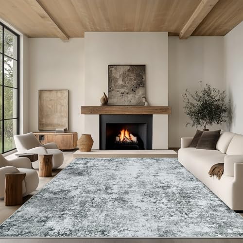 5x7 Area Rug Living Room Rugs - Washable Rug Large Modern Abstract Soft Thin Carpets Indoor Floor No Slip Vintage Carpet for Bedroom Under Dining Table Nursery Home Office Decor Gray White