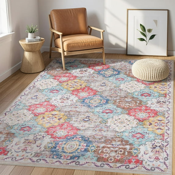 Toyoso 5x7 Area Rug Living Room Rugs - Washable Vintage Floral Soft Thin Large Rug Indoor Floor No Slip Rug Carpet for Bedroom Under Dining Table Home Office Decor - Multi Red