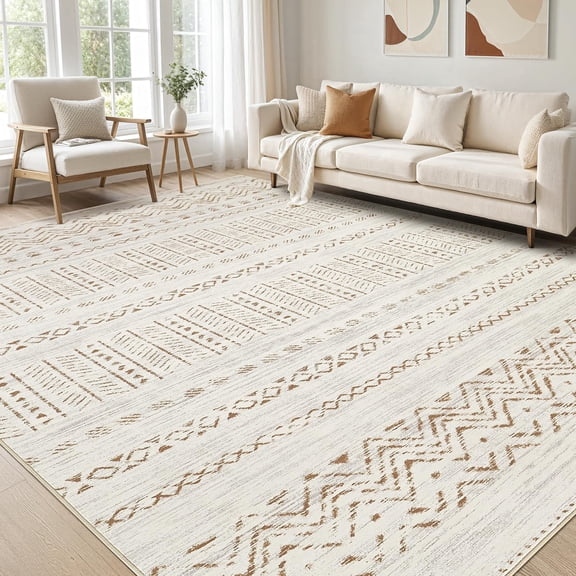 5x7 Area Rug Living Room: Washable Boho Rugs With Non Sliping Large Soft Indoor Stain Resistant Carpet For Bedroom Farmhouse Dining Room Lightweight Home Decor Brown/cream