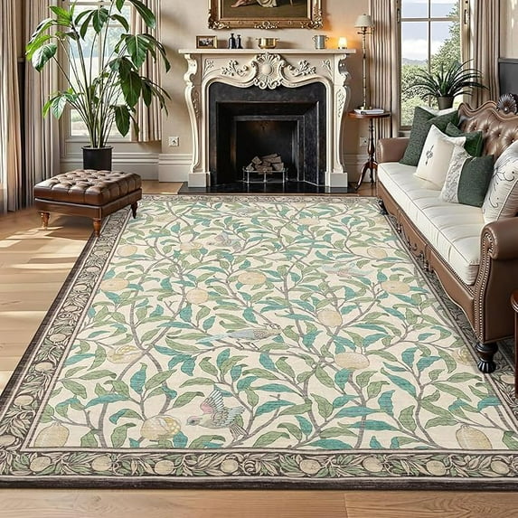 5x7 Area Rug for Living Room Washable Botanical Print Bedroom Carpet Low Pile Ultra Thin Throw Cute Kids Nursery Rug Stain Resistant Indoor Rugs for Dining Room Entryway Office, Beige
