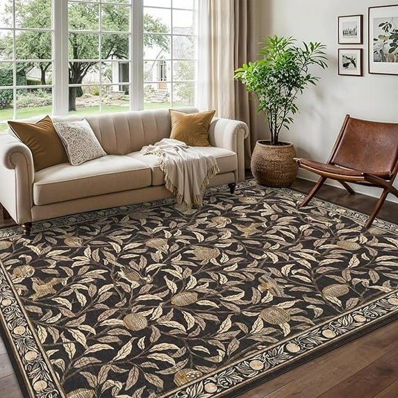 5x7 Area Rug for Living Room Washable Botanical Print Bedroom Carpet Low Pile Ultra Thin Throw Cute Kids Nursery Rug Stain Resistant Indoor Rugs for Dining Room Entryway Office, Brown