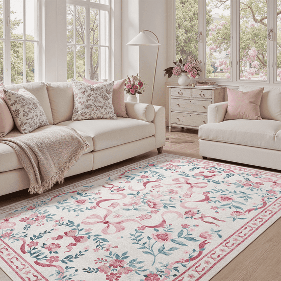 5x7 Area Rug, Machine Washable Non Slip Stain Resistant Soft Vintage Floral Bow Rug, for Living Room, Bedroom, Soft Low Pile Large Carpet-Pink