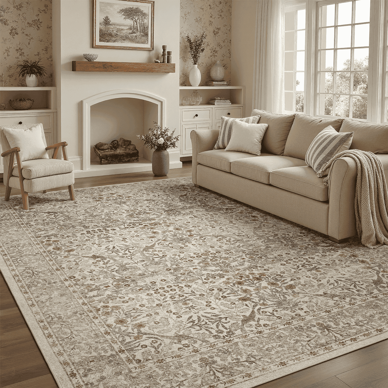 5x7 Area Rug, Machine Washable Non Slip Stain Resistant Soft Vintage Floral Rug, for Living Room, Dining Room, Soft Low Pile Large Carpet-Beige