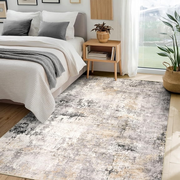 5x7 Area Rug - Modern Abstract Design, Neutral Colors, Machine Washable, Non-Slip Backing