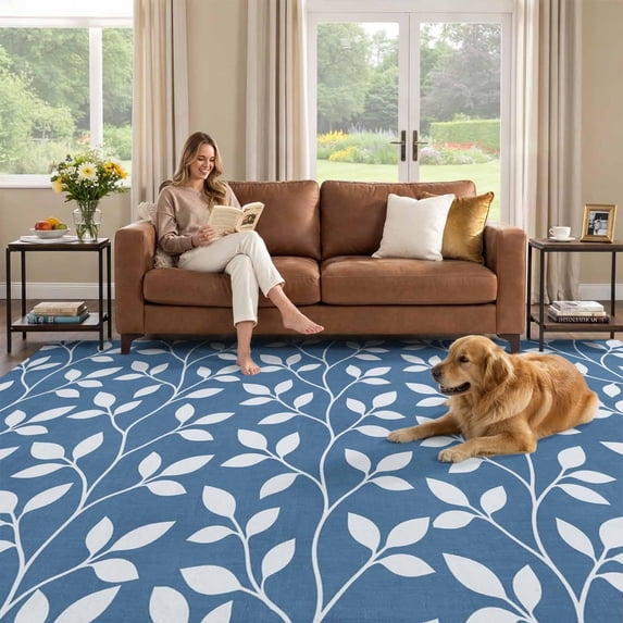 Leaf Tech 5x7 Area Rug, Navy Blue Farmhouse Leaves Low Pile Washable Rugs for ...