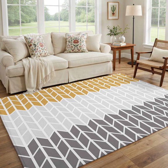 5x7 Area Rug, Orange Zigzag Chevron Grey Stripe Non-Slip Carpet Living Room Rug, Modern Abstract Geometric Art Washable Rugs for Bedroom Entryway Apartment Dorm
