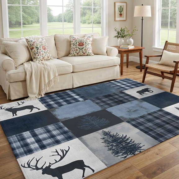5x7 Area Rug, Retro Pine Tree Deer Silhouette Non-Slip Carpet Living Room Rug, Forest Plant Checkered Washable Rugs for Bedroom Entryway Apartment Dorm