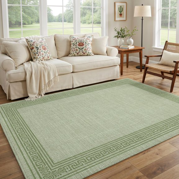 5x7 Area Rug, Sage Green Pattern Non-Slip Carpet Living Room Rug, Abstract Greece Back Pattern Washable Rugs for Bedroom Entryway Apartment Dorm