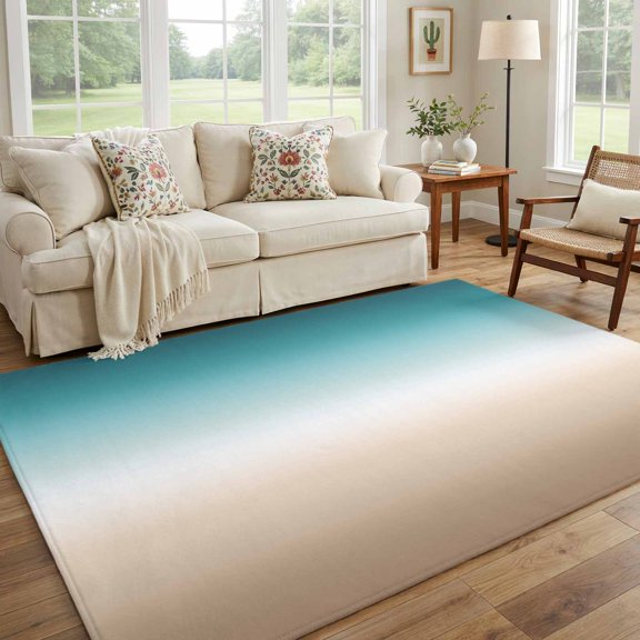 5x7 Area Rug, Teal to Khaki Gradient Art Non-Slip Carpet Living Room Rug, Turquoise Watercolor Style Washable Rugs for Bedroom Entryway Apartment Dorm