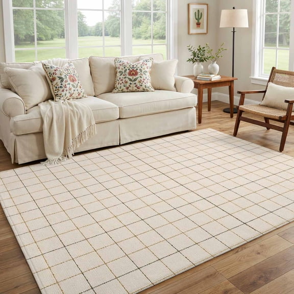 5x7 Area Rug, Traditional Grid Pattern Non-Slip Carpet Living Room Rug, Monochrome Beige Background Washable Rugs for Bedroom Entryway Apartment Dorm
