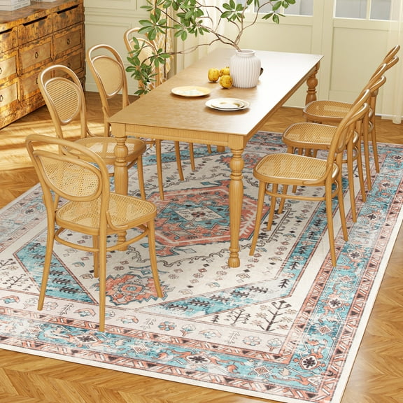 5x7 Area Rug, Vintage Machine Washable Rug, Non-Slip Floor Carpet for Living Room, Bedroom, Dining Room, Brown and Blue