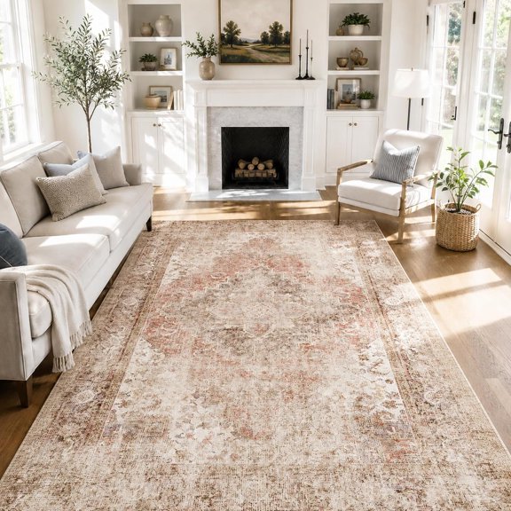 5x7 Area Rug Washable Non-Slip Living Room Rugs,Brown Area Rug Soft Distressed Carpet for Bedroom Dining Room, Foldable Thin Floor Mat for High Traffic Areas