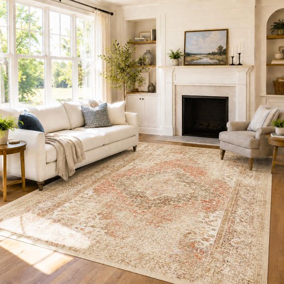 5x7 Area Rug Washable Non-Slip Living Room Rugs,Brown Area Rug Soft Distressed Carpet for Bedroom Dining Room, Foldable Thin Floor Mat for High Traffic Areas