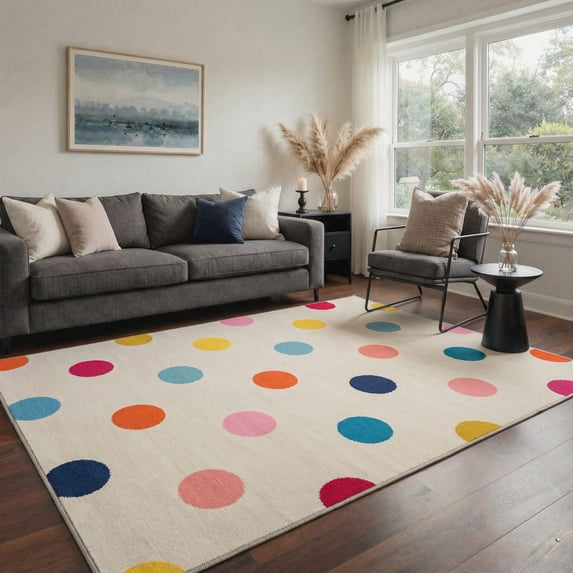 5x7 Area Rug Washable Non Slip Low Pile Lightweight Print Pattern for Living Room Bedroom, Indoor Modern Farmhouse Decor, Polka Dot, Cream Ivory