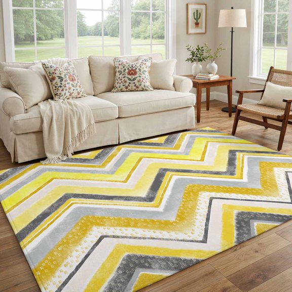 5x7 Area Rug, Yellow Gray Gradient Zigzag Stripe Non-Slip Carpet Living Room Rug, Nordic Style Abstract Art Washable Rugs for Bedroom Entryway Apartment Dorm