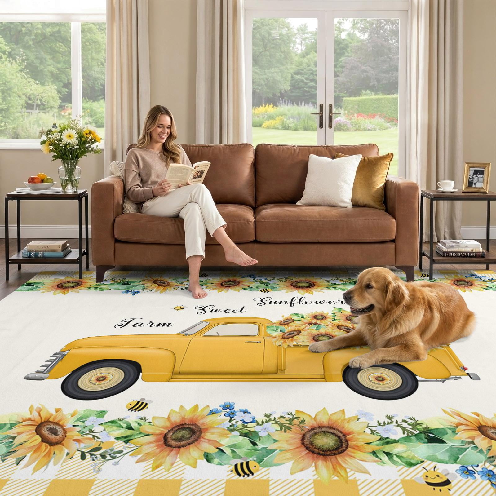 5x7 Area Rug, Yellow Sunflowers Low Pile Washable Rugs for Bedroom ...