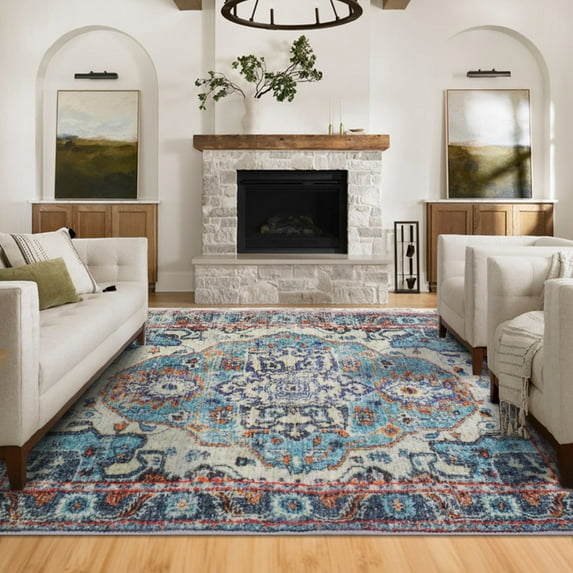 5x7 Area Rug for Living Room - Neutral Blue Floral Vintage Design - Pet Friendly - Boho Washable Rug for Bedroom, Dining Room