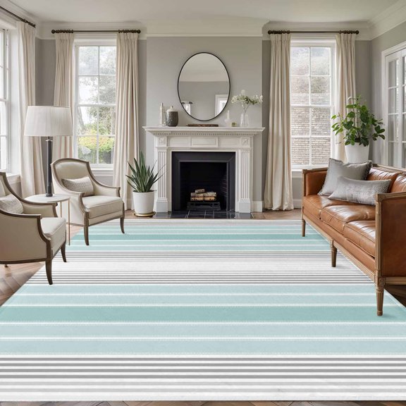 5x7 Area Rugs, Aqua Gray Stripes Non-Skid Rubber Backing Large Rectangle Rugs - Living Room Bedroom Home Office, Minimalist Gradient Lines Aesthetic Indoor Floor Mat Carpets Washable Rug